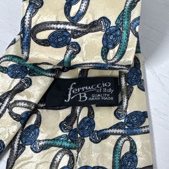 - Ferruccio Vintage Hand Made Italian Necktie Cream Blue Green Gray - Picture 5 of 7